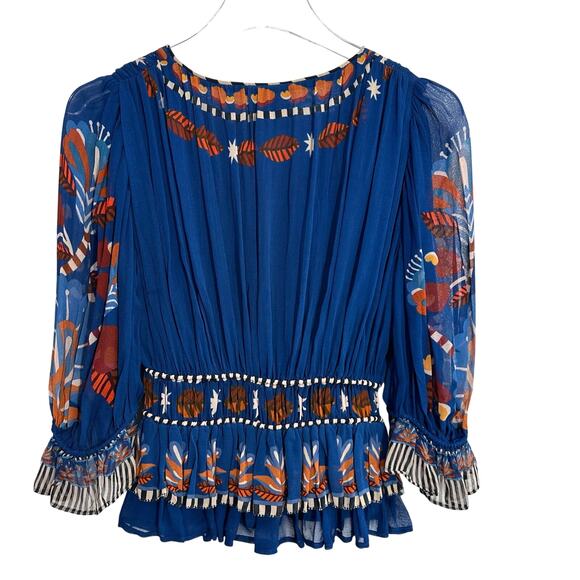 Farm Rio Nature Beauty Blouse Top Women XS Blue Floral V Neck Peplum Chiffon - Picture 2 of 6